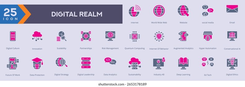 Imagem vetorial da coleção de ícones do Digital Realm no estilo dualtone 
contendo vários internet, world wide web, site, mídia social, email, aplicativos móveis, nuvem. também pode ser usado para Web e aplicativo