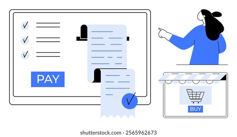 Digital receipt with check marks on a screen, a pay button, a woman pointing and online shopping cart with buy button. Ideal for e-commerce, online payment, digital transactions, shopping, website