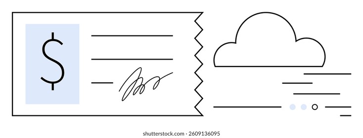 Digital receipt with a dollar symbol, signature, and cloud icon indicating financial transactions or storage. Ideal for business, finance, e-commerce, cloud computing, digital receipts, online