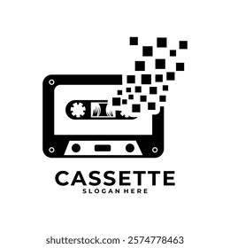 Digital Record logo. Cassette with pixel logo design. Cassette tape retro logo vector illustration template design