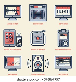 Digital Recording Music Studio. Line Design Vintage Icon Set. Vector Illustrations.