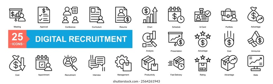 Digital Recruitment Icon Sheet Meeting , Approval, Conference, Curriculum, Resume, Chart, Schedule, Id Card, Portfolio, Advantage, Cost, Appointment, Recruitment, Interview, Management, Productivity