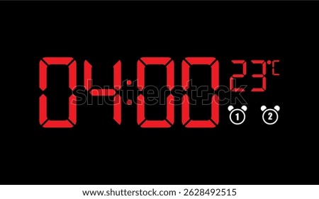 Digital Red Clock Displaying 4:00 AM on Black Background with Temperature and Alarm Icons for Punctuality and Modern Timekeeping visuals