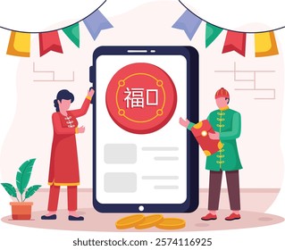 Digital red envelopes concept, easy electronic monetary gift App vector design, Chinese New Years Beginnings scene, Zodiac Wood Snake 2025 banner, China Spring Festival illustration