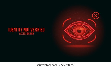 Escáner digital de ojos rojos que indica un intento de Inicio de sesión fallido. La interfaz brillante muestra texto de advertencia sobre la verificación de identidad rechazada. Un símbolo cruzado señala la entrada no autorizada en un fondo cibernético oscuro.