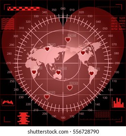 Digital red radar screen of heart shape with world map, targets and futuristic user interface on black background