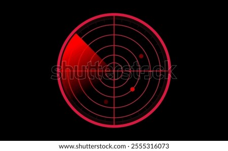 Digital red radar with targets on searching monitor. Scanning military target radar screen. Technology background. Vector EPS 10