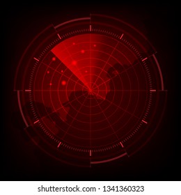 Digital red realistic radar screen, Abstract radar with targets, Military search system, Vector illustration.
