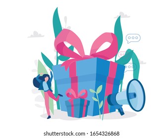 Digital referral program. Online reward , Happy business woman receive a gift box Vector illustration for web banner, infographics, mobile. woman win prize