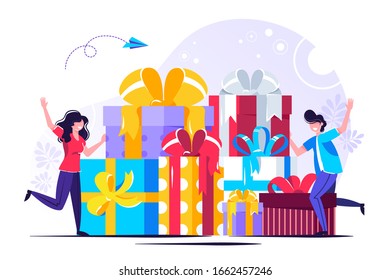 Digital referral program. Online reward , Happy business woman receive a gift box Vector illustration for web banner, infographics, mobile. woman win prize