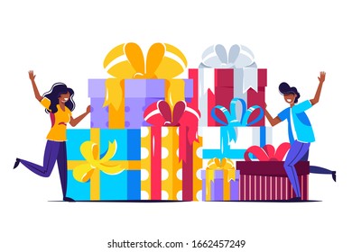 Digital referral program. Online reward , Happy business woman receive a gift box Vector illustration for web banner, infographics, mobile. woman win prize