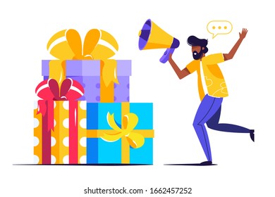 Digital referral program. Online reward , Happy business woman receive a gift box Vector illustration for web banner, infographics, mobile. woman win prize