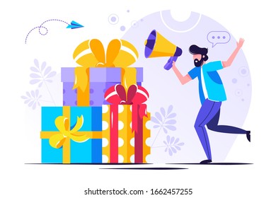 Digital referral program. Online reward , Happy business woman receive a gift box Vector illustration for web banner, infographics, mobile. woman win prize
