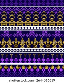 A digital reinterpretation of traditional Thai motifs using pixel art style. With vibrant purples, deep blues, and golden threads, the design blends royal elegance and ancient symbolism. Ideal for dig