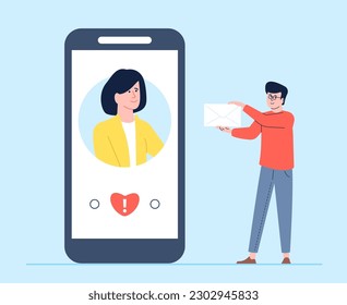 Digital relationship, email letter for business partner or dating. Man giving envelope to woman on smartphone screen, flat vector concept