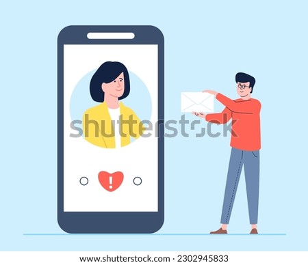 Digital relationship, email letter for business partner or dating. Man giving envelope to woman on smartphone screen, flat vector concept