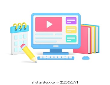 Digital remotely education online video lesson website with tasks student workplace 3d icon vector illustration. Internet distance e learning exam test at school college or university with books stack