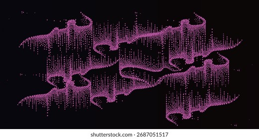 A digital rendering of aurora borealis with pink and purple hues against a dark background, created from small dots.
