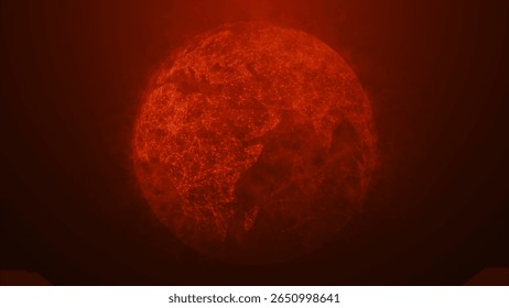 Uma renderização digital de um globo representado em tons vermelhos, simbolizando intensidade, energia e conexões globais. A paleta vermelha acrescenta drama e profundidade emocional à imagem. Vetor