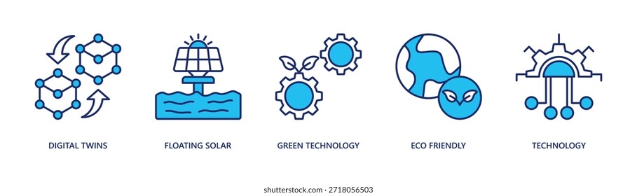 digitale erneuerbare Energien und grüne Technologie Lösungen Web-Banner-Symbol Vektorgrafik mit digitalen Zwillingen, schwimmende Solar-, grüne Technologie, umweltfreundlich, Technologie