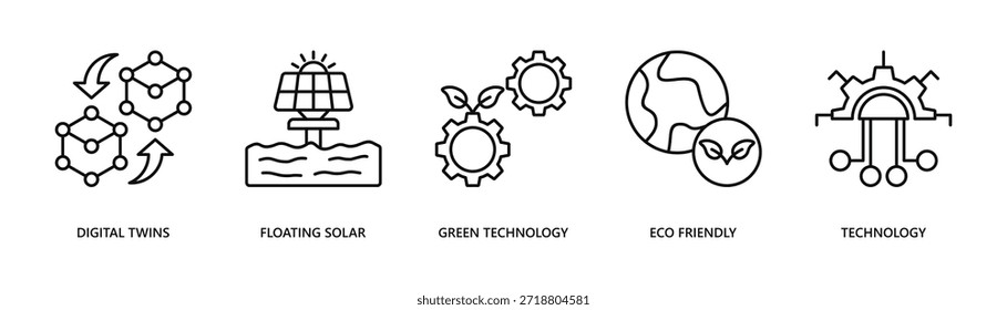 digitale erneuerbare Energien und grüne Technologie Lösungen Web-Banner-Symbol Vektorgrafik mit digitalen Zwillingen, schwimmende Solar-, grüne Technologie, umweltfreundlich, Technologie