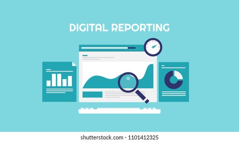 Digital reporting, Business analytics, Marketing report flat vector banner with icons isolated on blue background