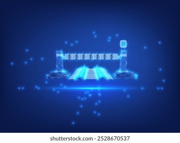 Digitale Darstellung einer Barriere mit glühenden Effekten beleuchtet in einem dunklen Hintergrund für technologische Themen