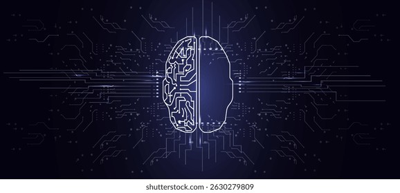 Representação digital de um cérebro com padrões de circuitos que ilustram conceitos de inteligência artificial e redes neurais em um design futurista