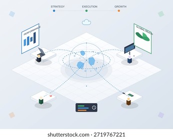 A digital representation of business strategy, execution, and growth. Four quadrants illustrate performance metrics and global reach, linked by a central network.