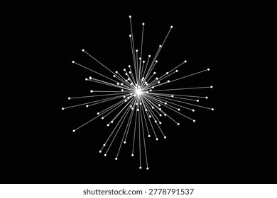 A digital representation of a central hub with radiating lines and nodes, symbolizing data connectivity, network expansion, or a starburst effect.