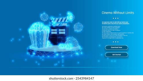 Digital representation of cinematic elements featuring popcorn and a clapperboard with a blue background promoting limitless cinema experiences.