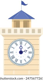 Digital representation classical clock tower, beige brick structure, large white clock face, blue roof, small flag, vector illustration. Ideal European architecture, historical landmarks