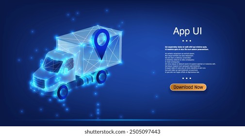 Digital representation of a delivery truck with navigation pin, showcasing app user interface design