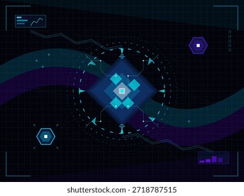 Uma representação digital exibe várias formas geométricas, como diamantes e hexágonos conectados por linhas. Os elementos de plano de fundo incluem gráficos que indicam tendências e padrões de dados.