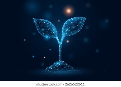 Digital representation of a growing plant formed by glowing data points, symbolizing green investment and energy-efficient technology.