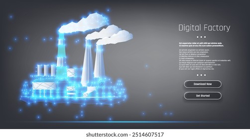 A digital representation of a modern factory with glowing elements illustrating advanced manufacturing technology and innovation in industry