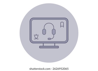 Digital representation of online education setup with computer screen with headset. Concept of modern learning techniques through technology and virtual interaction