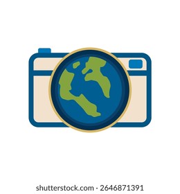 Representação digital de uma câmera fotográfica destacada por um globo terrestre no centro da lente. Ideal para o vetor de ícone, logotipo etc