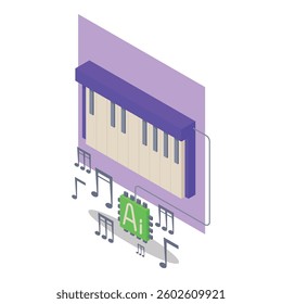 Digital representation of piano keyboard integrated with artificial intelligence, surrounded by musical notes. Innovation in music creation concept