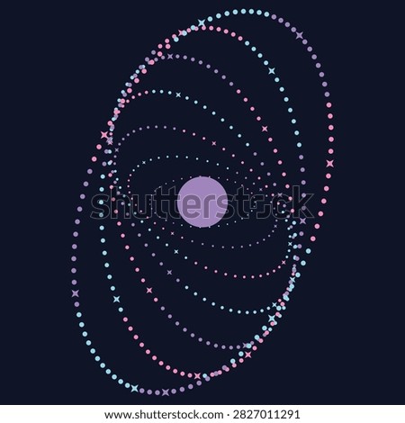 A digital representation of swirling particles forming an abstract elliptical structure. Ideal for technology concepts or science backgrounds.