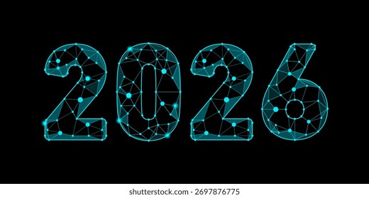 Representação digital do ano de 2026, composta por pontos e linhas ciano brilhantes formando uma estrutura semelhante a uma rede em um fundo preto, simbolizando conectividade e tecnologia futura. Números 2, 0.