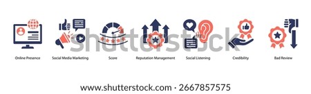 Digital Reputation Fundamentals web banner icon vector illustration featuring Online Presence, Social Media Marketing, Score, Reputation Management, Social Listening, Credibility, and Bad Review.