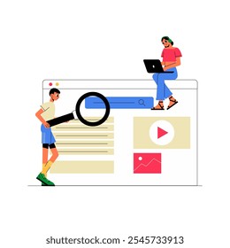 Pesquisa E Análise Digitais Em Ilustração De Vetor Plano Simbolizando Pesquisa De Dados, Navegação On-Line E Coleta De Informações, Isolados Em Fundo Branco