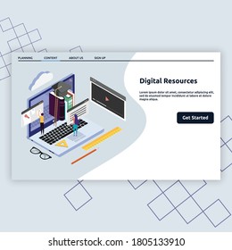Digital Resources. Education landing page with 3d images. Isometric illustration design for education, learning, knowledge and more.