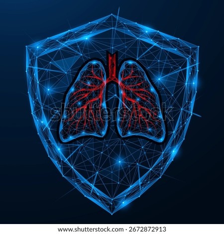 Digital respiratory protection. The lungs of a man with bronchi enclosed in a shield. Polygonal design of interconnected lines and dots, blue background.