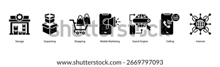 Digital Retail Engagement web banner icon vector illustration featuring Storage, Unpacking, Shopping, Mobile Marketing, Search Engine, Calling, and Internet.