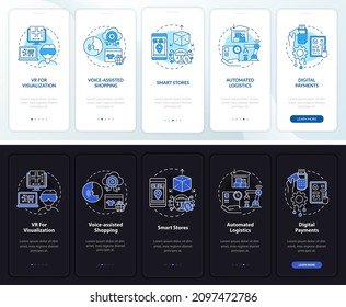Digital retail market onboarding mobile app page screen. Shopping walkthrough 5 steps graphic instructions with concepts. UI, UX, GUI vector template with linear night and day mode illustrations