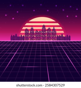 Digital retro background. Sci-Fi technology cyberpunk concept. Design for wireframe, neon, light, grid, landscapes, retro, 80s, 90s.