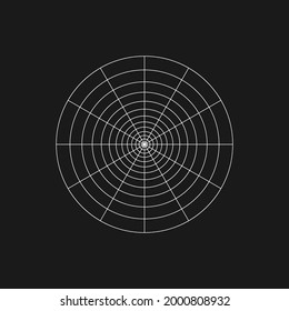 Digital retro cyber polar grid design element. Retrofuturistic shape. Radial shape in Cyberpunk 80s style. Geometry for poster, cover, merch in retrowave style. Vector illustration.