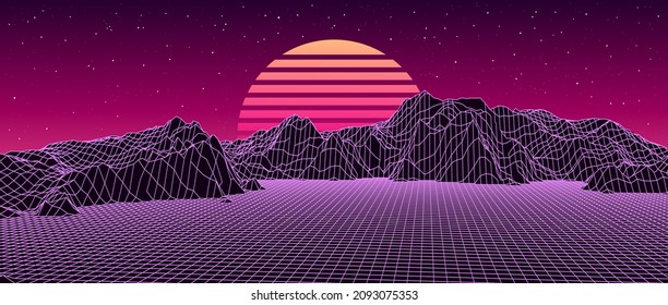 Digital retro landscape 1980s style. Futuristic cyber surface. 80s Retro Sci-Fi background. Album cover or banner in the style of the 80-90s Vector illustration.